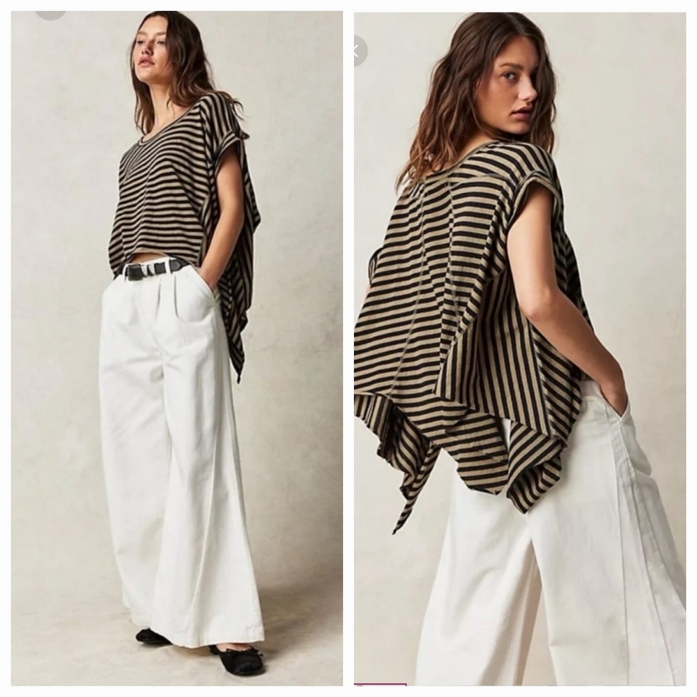 We The Free Black and Tan Asymmetrical Short Sleeve Blouse